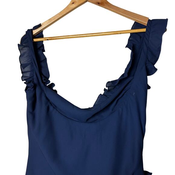 Lucy in the Sky Dress Size M Chiffon Ruffle Navy Knee Length Slit Party Wedding - Picture 2 of 7